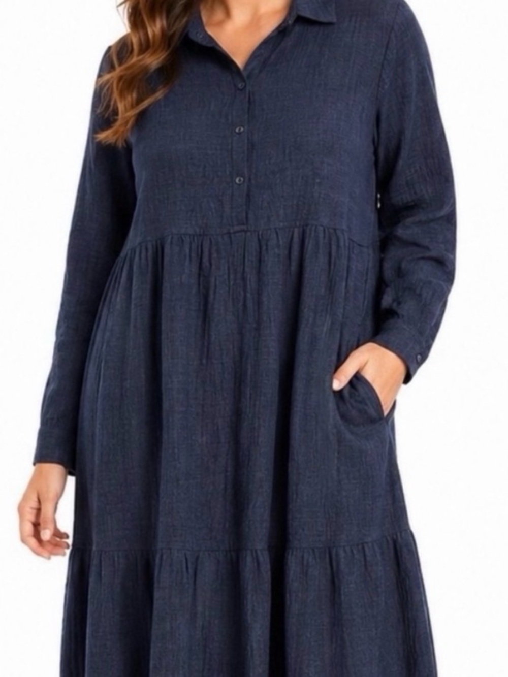 Max Studio Navy Long-Sleeve Tiered Maxi Dress with Pockets